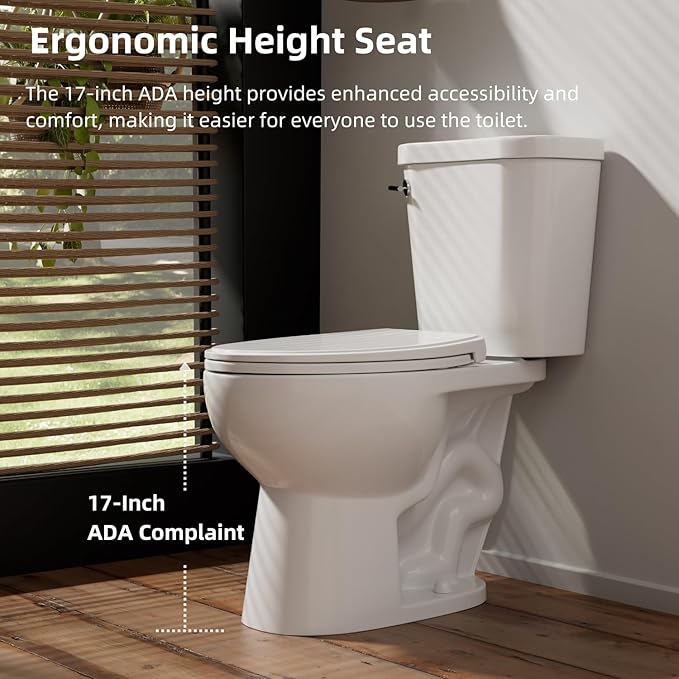 17 Inch Two Piece Toilet, Los Flexi 17.9” Tall Toilets for Bathrooms, Elongated Bowl & ADA Comfort Chair Height Toilet, Soft-Closing Seat, 1.28 GPF Siphon Flush, High-Efficiency, 12" Rough-In
