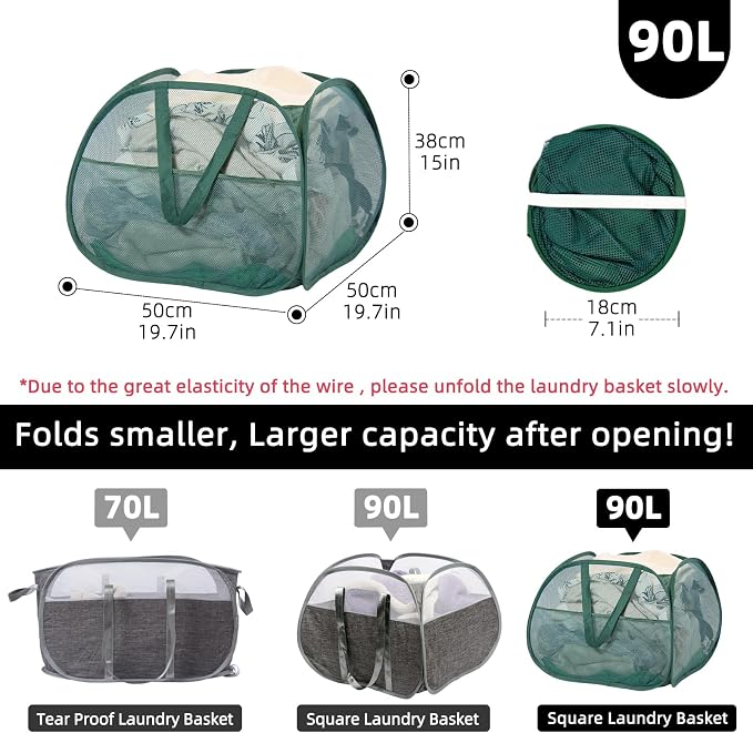 Collapsible Laundry Basket, 90L Mesh Pop-up Hamper with Handles | Foldable Storage Clothes Bag for Laundry, Bathroom, Dorm, Travel, Camping, Space-saving, Green