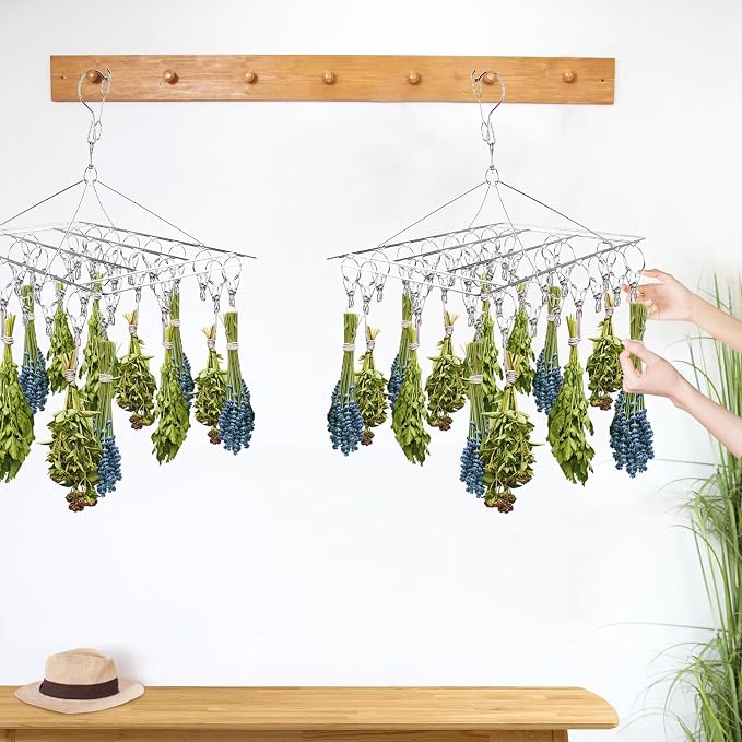 Herb Drying Rack for Drying Spices, Rustproof Dryer with 30 Hooks | 4 Pack, No Assembly Required, 360° Swivel Air Circulation, Space Saving Foldable, for Herbs Flowers Tea Balcony Outdoor Use