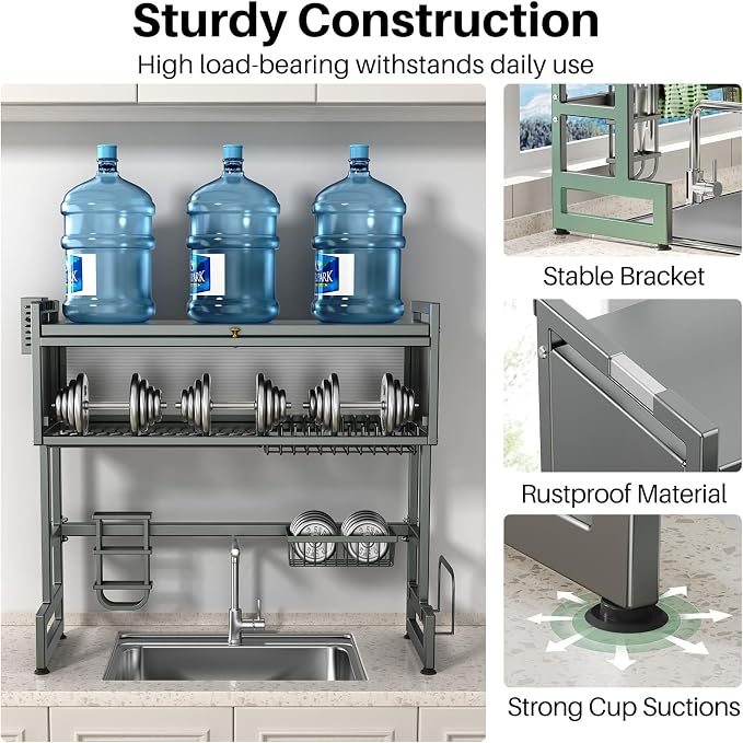 Over the Sink Dish Drying Rack 3 Tier with Dustproof Flip-Up Cover | Large Dish Drainer Storage Counter Organizer,Space-Saving Dish Rack for Dishes and Cutlery,Fits Sinks up to 32 Inches(Gray)