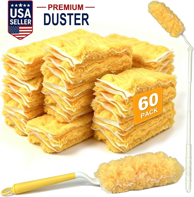 60 Count Heavy Duty Duster Refills for Swiffer, Multi Surface 360° Feather Duster with 2 Handle, Disposable Dusters Kit for Cleaning, Furniture, Blind, Ceiling Fan