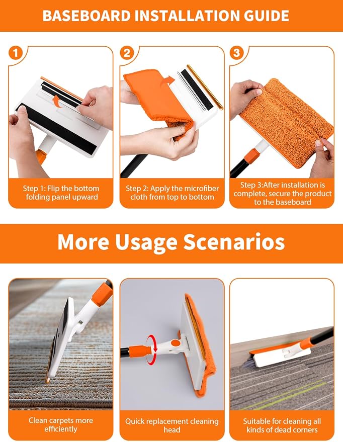 4-in-1 Baseboard Cleaning Tool with Extendable Handle 5 Reusable Pads 1 Carpet Rake Stiff Bristle Brush Multi-Surface Baseboard Brush for Cleaning Baseboard Wall Carpet Floor Bathroom Kitchen Pet Hair