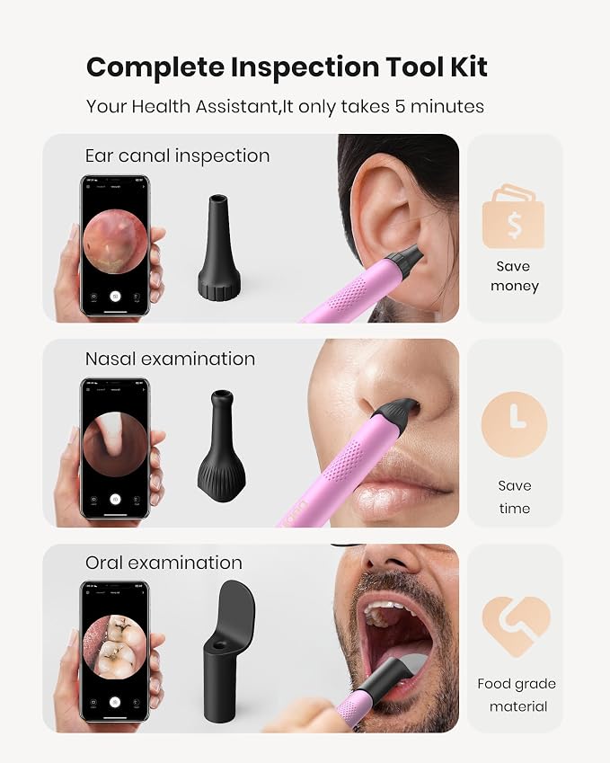 BEBIRD R1 Wax Removal Tool for Ear - Spade Ear Canal Cleaner with Camera 1080P Earscope, Wax Remove Ear Picker with Vari Replacement Tips, Camera with 6LED Light, Pink