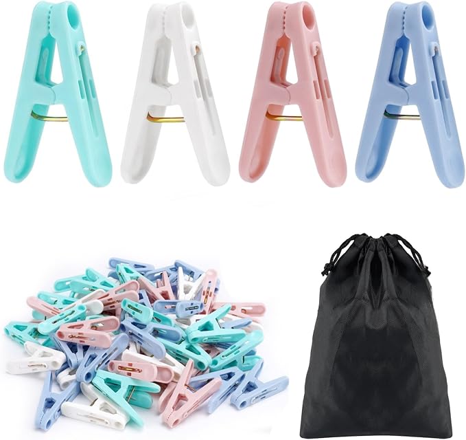 56 Pcs Colorful Clothespins, 4 Colors Spring Clips (2 Inch) Small Clothes Pin with Black Storage Bag - for Laundry, Drying Clothes, Home Use | 4 Colors Spring Clips with Black Storage Bag for Laundry Drying Clothes Home Use