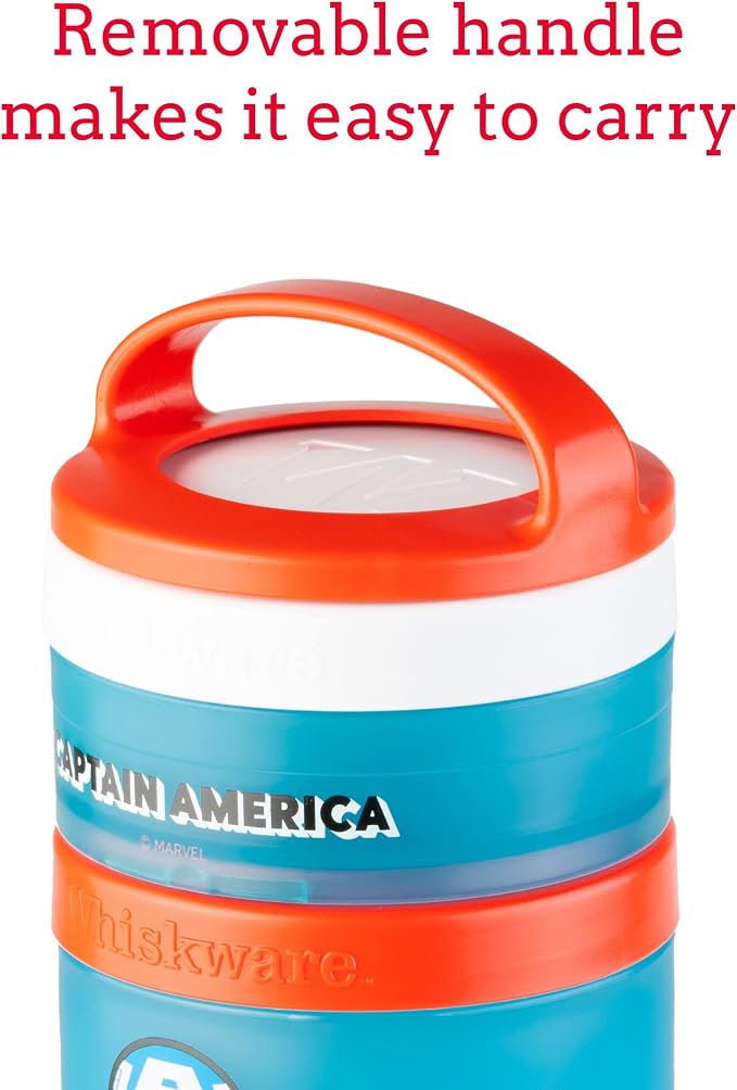 Whiskware Marvel Stackable Snack Containers for Babies, Kids, and Toddlers, 3 Stackable Snack Cups for School or Travel, Formula and Cupholder Friendly, Captain America (Pack of 12)