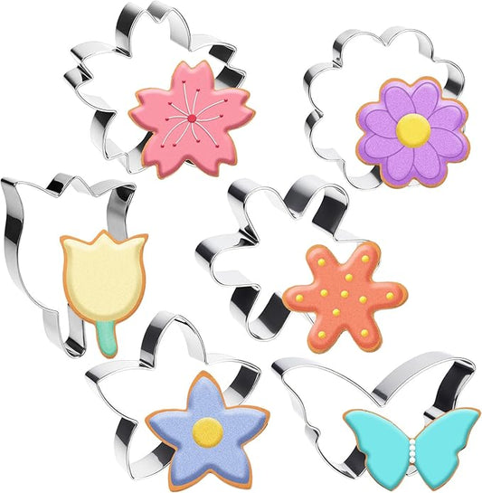 6 PCS Flower Cookie Cutters Set, Stainless Steel Flowers Cookie Cutters, Butterfly Cherry Blossom Tulip Daisy Shaped Baking Tools for Home Baking, Party Favors (Flower & Butterfly)