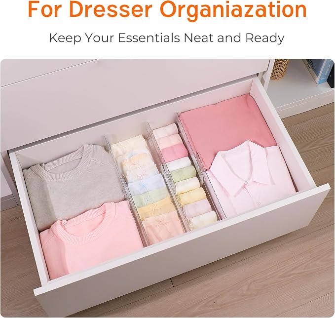 12 Pack 4" High Drawer Dividers for Clothes, 10.2"-16.5" Expandable Dresser Drawer Organizers, Adjustable Plastic Clear Drawer Separators for Kitchen, Baby Clothing, Socks, Underwear, Bedroom