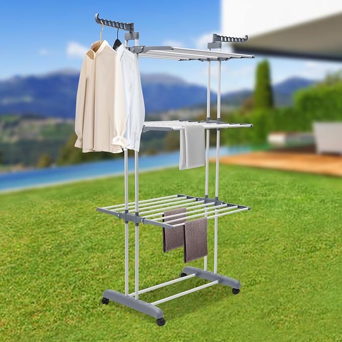 Clothes Drying Rack, 4-Tier Clothes Horses Rack Foldable Metal Laundry Garment Dryer Stand with Two Side Wings for Bedrooms, Lofts, Balconies, Patios (Gray)