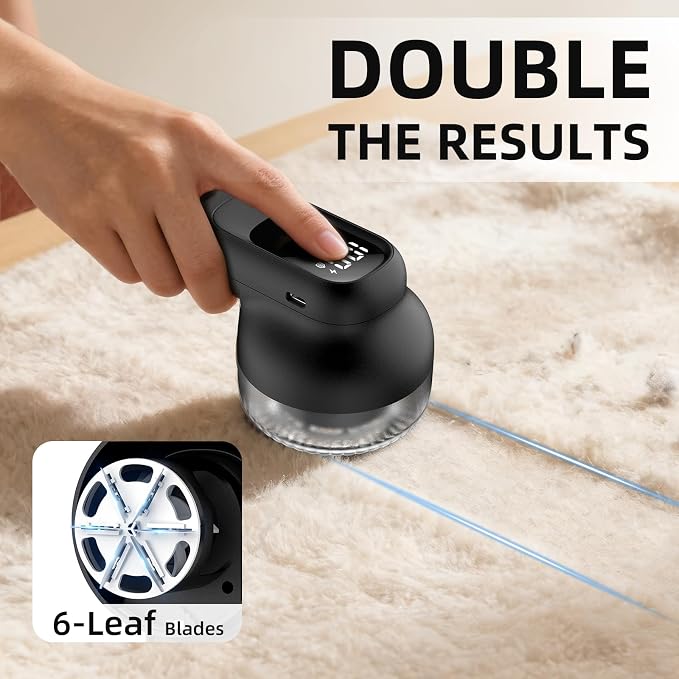 Fabric Shaver, Lint Remover Rechargeable with 3 Speeds, 6 Leaf Blades, Digital LED Display to Remove Fuzz Lint Balls for Clothes, Furniture, Sweater and Couch (Black)