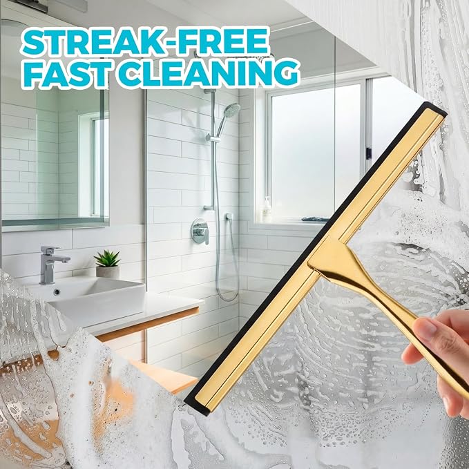ALFLOD 2pcs Shower Squeegee for Glass Doors with Adhesive Hanging Hook Set | 10” gold, bathroom accessories, window cleaner, new home essentials, soft rubber blade, metal handle, ergonomic grip