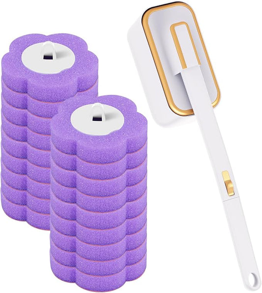 Disposable Toilet Brush, Toilet Brush Kit, Toilet Bowl Cleaning System, Long Handle Easy to Install for Bathroom Cleaning (White Cleaning Brush + 18 Purple Replacement Heads)