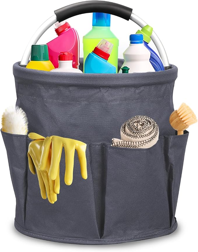 mumisuto Cleaning Caddy with Handle, 17L Collapsible Cleaning Products Organiser Bucket Tool Organizer in 600D Oxford Fabric Portable Multi Cleaning Bucket Bag for Home Garden (Dark Grey)