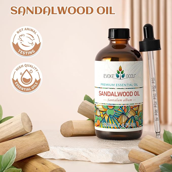 EVOKE OCCU Sandalwood Essential Oil for Skin Care, Diffuser & Candle Making | for Perfume, Hair Care, Massage, Sleep & Meditation, DIY Soap, Laundry Dryer Balls, Men & Women - 118ml / 4 fl oz