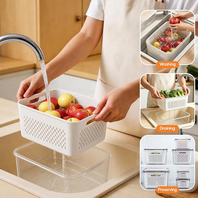 JSCARES Fruit Storage Containers for Fridge - 3 Pack Produce Storage Containers with Removable Colander, Leakproof Food Organization Keep Fruits Berry Veggie Salad Meat Fresh Longer