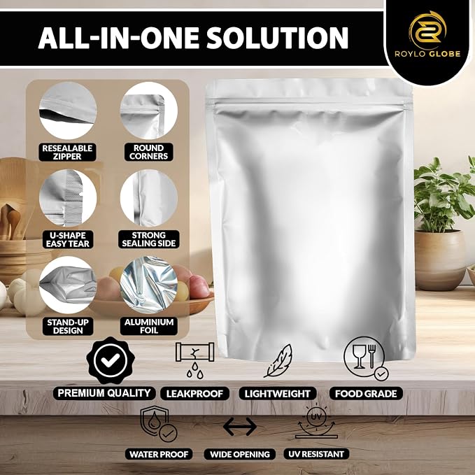 120 Mylar Bags with 150 Oxygen Absorbers-168 Labels & Stand-Up Reusable | 4 Sizes Airtight Smell Proof Resealable with 15 Clips-11 MIL Thick for Food Storage