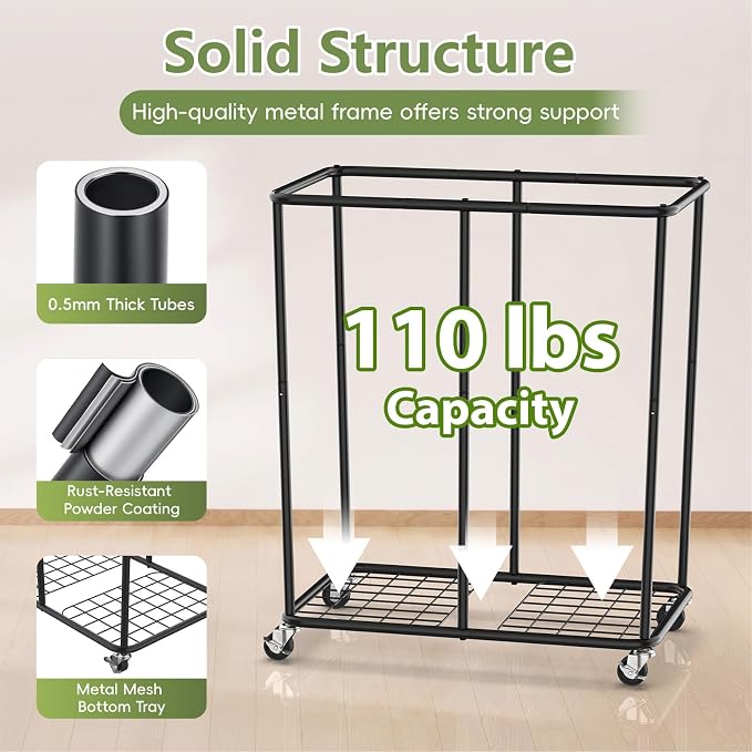 Laundry Hamper with Wheels and Lid, 225L Large Rolling Laundry Basket Gray | Heavy Duty Clothes Organizer, Sturdy Metal Frame, Lockable Swivel Casters, Removable Bag, For Bedroom, Bathroom, Laundry Room