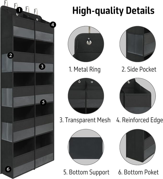 Giraffe Creation Black Over Door Organizer with 10 Large Clear Pockets, Double-Row Hanging Door Storage for Closet, Bathroom, Nursery, Bedroom, Dorm, Toys, Cosmetics, Baby Essentials