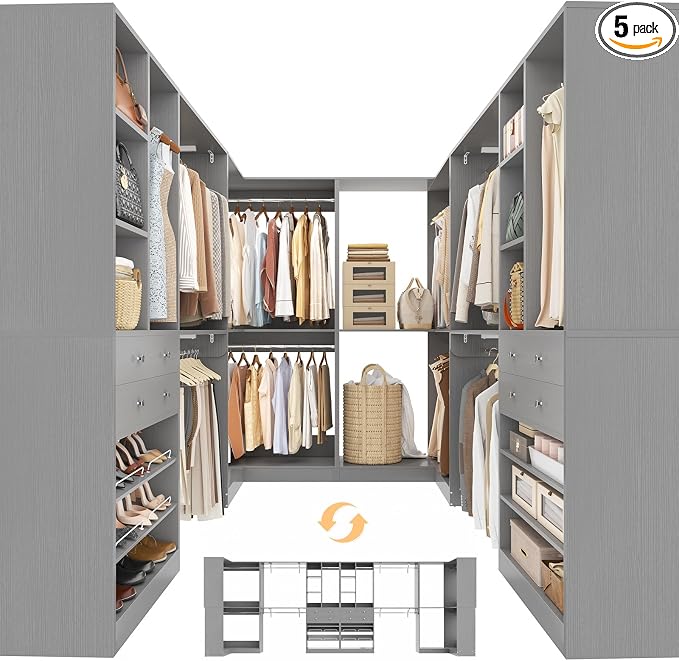 Besiost Closet System with 4 Drawers & Corner Tower, Closet Organizer System with 10 Hanging Robs, Reversible U Shaped Walk-in Closet System, Load 3600+LBS Capacity, Set of 4, Morandi Grey