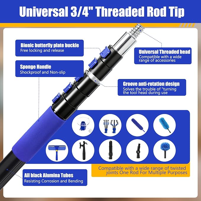 30FT High Ceilings Cobweb Dusters for Cleaning Kit with Extension Pole | Telescoping Lightbulb Changer,Spider Web Brush Extendable Duster,Ceiling Fan Cleaner and Window Squeegee Cleaning