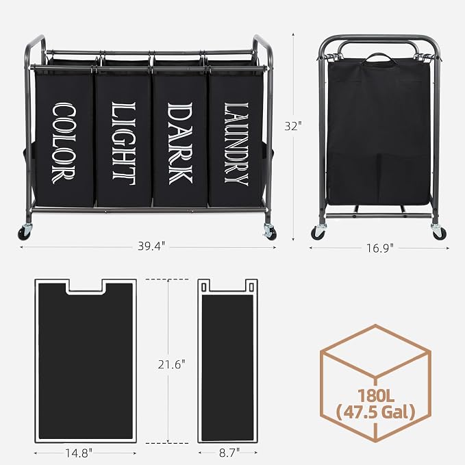 STORAGE MANIAC Laundry Sorter 4 Section, 47.5 Gal (180 L) Laundry Hamper with Wheels, Clothes Divider Basket Sorter, Separator Hamper Cart with Removable Bags, Label Black