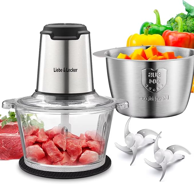 Liebe&Lecker Electric Food Chopper, 350W Food Processor with 2 Bowls | Dual 8-Cup Stainless Steel Meat Grinder, 2-Speed Vegetable Chopper with 4 Sharp Blades for Nuts, Puree Recipes, Zero BPA