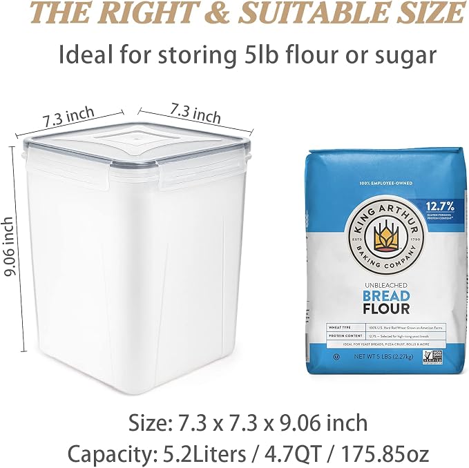 Wildone Large Food Storage Containers 5.2L /175oz, 4 Piece BPA Free Plastic Airtight Food Storage Containers for Flour, Sugar, Baking Supplies, Kitchen & Pantry Containers with 20 Labels - Gray