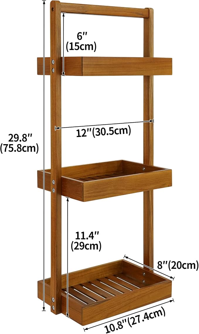 Utoplike Teak Shower Caddy Corner, Standing Organizer Shelf with Handle | 3 Tier with Handle, Wood Bathroom Stand Up Caddy Basket for Shampoo, Rack for Inside Shower, Bath, Office, Kitchen Desktop