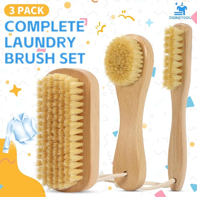DEBETOOL 3-Piece Laundry Brush for Stains on Clothes, Gentle Boar Bristl | Laundry Scrub Brush Stain Remover for Delicate and Everyday Fabrics, Wooden Handheld Spot Cleaning Tool