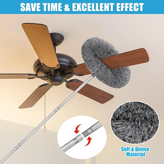 Microfiber Duster Kit 36pcs with 30 to 100 in Extension Pole and Ceiling Fan Cleaner Duster, Washable and Bendable Feather Duster for Cleaning Ceiling Fans, High Ceilings, Blinds, Grey