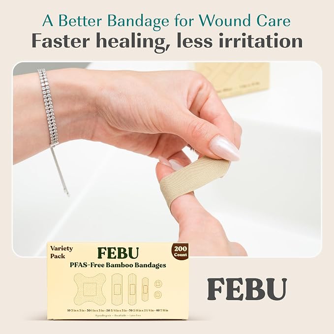 FEBU PFAS Free Bamboo Fabric Bandages, 200 Count Bulk Variety | Eco-Friendly, For Scrapes & Cuts, Flexible Fabric, Fully Compostable, Latex Free