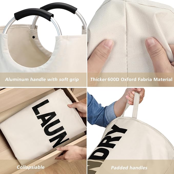 Maxsilan 90L Large Laundry Basket Bag, Collapsible Tall Hamper, Beige | Freestanding tall laundry bag & foldable washing basket. Large capacity clothes storage bin with durable sturdy handles