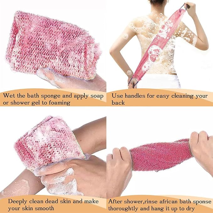 African Net Sponge Authentic - 3 Pcs Exfoliating Net Sponge with Mit Engmaschigem Design for Body & Back Scrubber, 31.5-Inch Long Bath Sponge for Shower, Skin Smoothing Washcloth (Pink, Yellow, White)