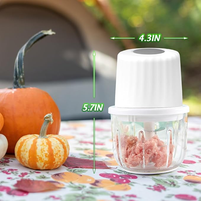 Mini Electric Garlic Chopper 300ML GLASS Food Processor Cordless | Type-C Rechargeable Mincer Chopper for Vegetables Puree, 6 Blades, BPA Free, with Scraper Splash Guard Charging Cord