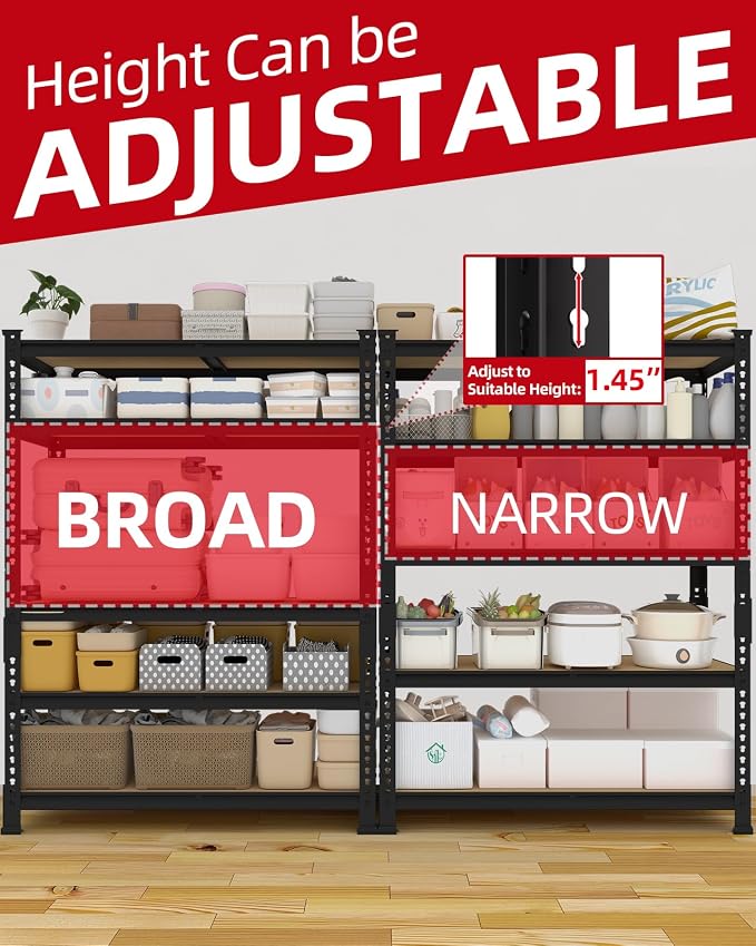 PrimeZone 36" x 16" x 72" Heavy Duty Storage Shelves - 5 Tier Adjustable Garage Storage Shelving, Metal Storage Utility Rack Shelf Unit for Warehouse Pantry Closet Kitchen, Black, 2 Pack