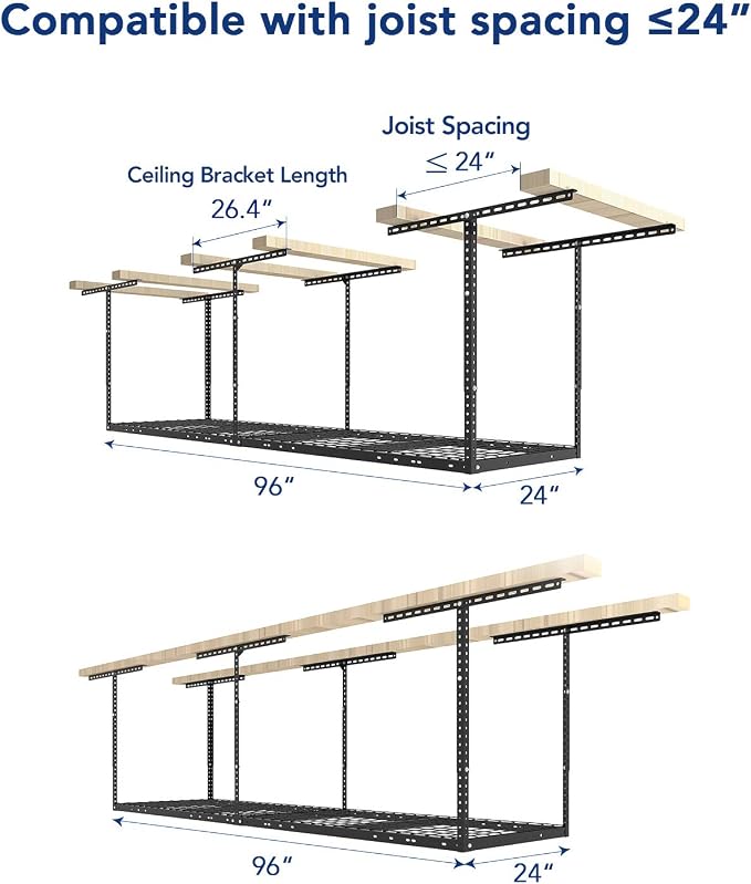 FLEXIMOUNTS 2x8 Garage Storage Rack, Adjustable Overhead Storage Organization System, Heavy Duty Metal Ceiling Rack, 400lbs Weight Capacity, Black, Classic Series