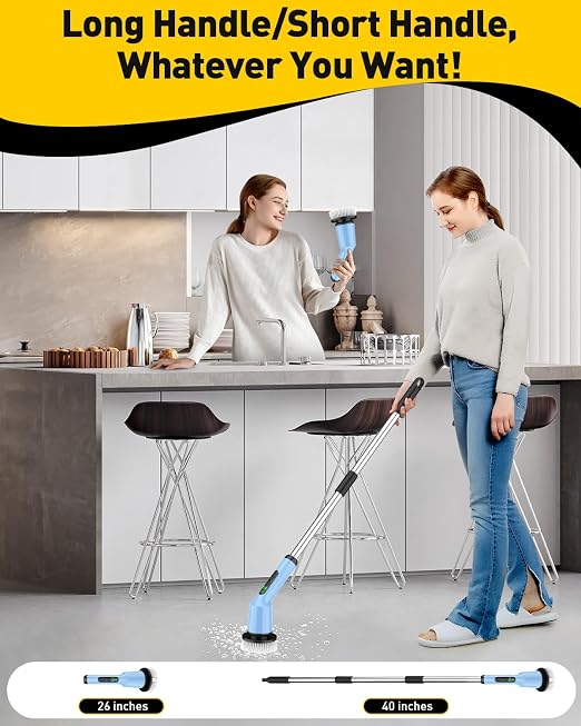 Shower Scrubber with Long Handle, Shower Cleaner Brush with 8 Brush Heads, Cordless Electric Spin Scrubber for Cleaning with 2 Speed, Cleaning Supplies for Bathroom Bathtub Kitchen Floor Tile Toilet