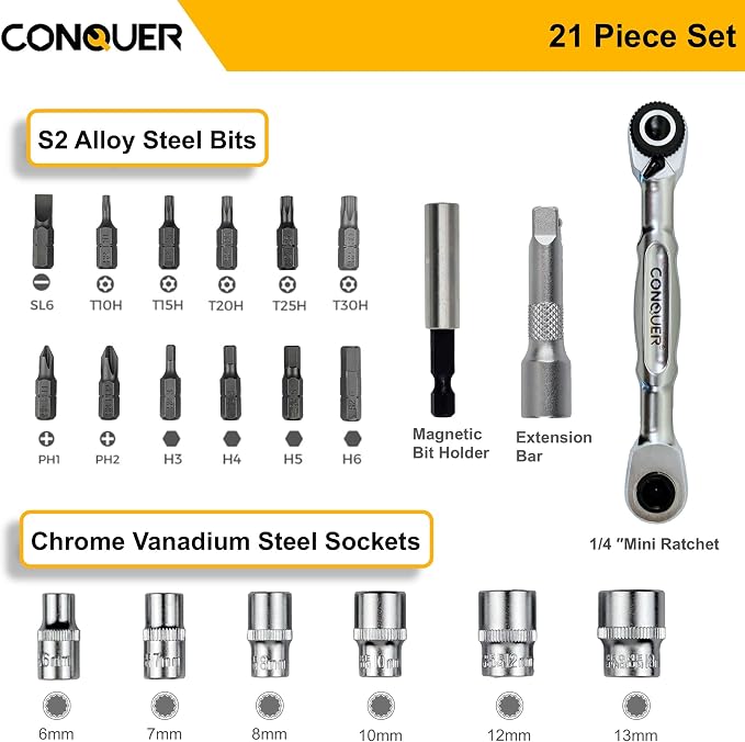 CONQUER 21-Piece 1/4" Drive Mini Ratchet Spline Socket Set, SAE/Metric | 72-Tooth Dual Head Ratchet, Quick Release & Spin Disc, CR-V Spline Sockets 6-13mm, S2 Bits, Knurled Grip, Portable Kit