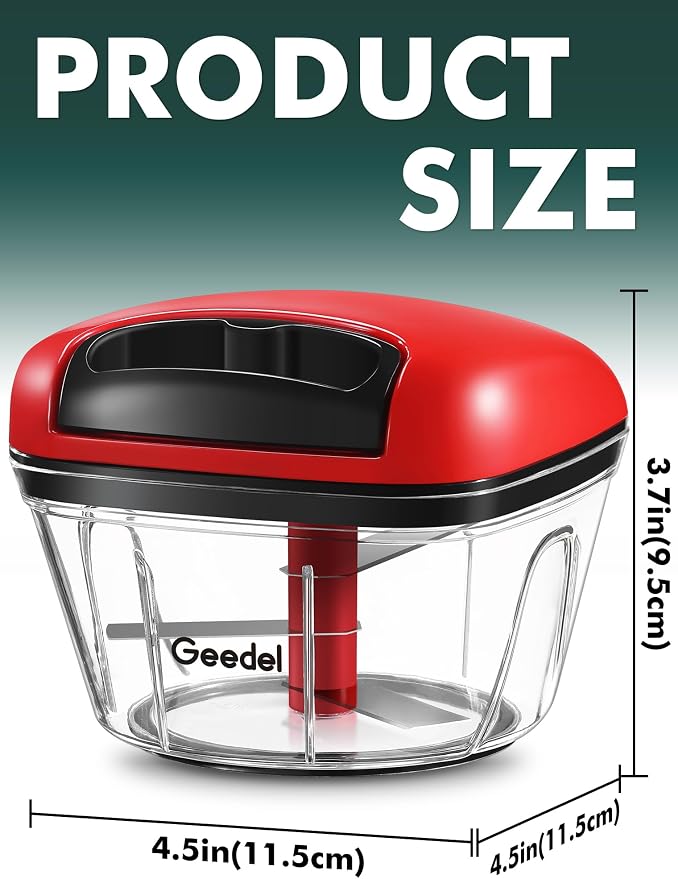 Manual Food Processor Vegetable Cutter, Geedel Pull Chopper with String, Food Chopper Vegetable Cutter for Veggies, Fruits, Salad, Onion, Nuts, Herbs, etc, 2 Cup(500ml), Red