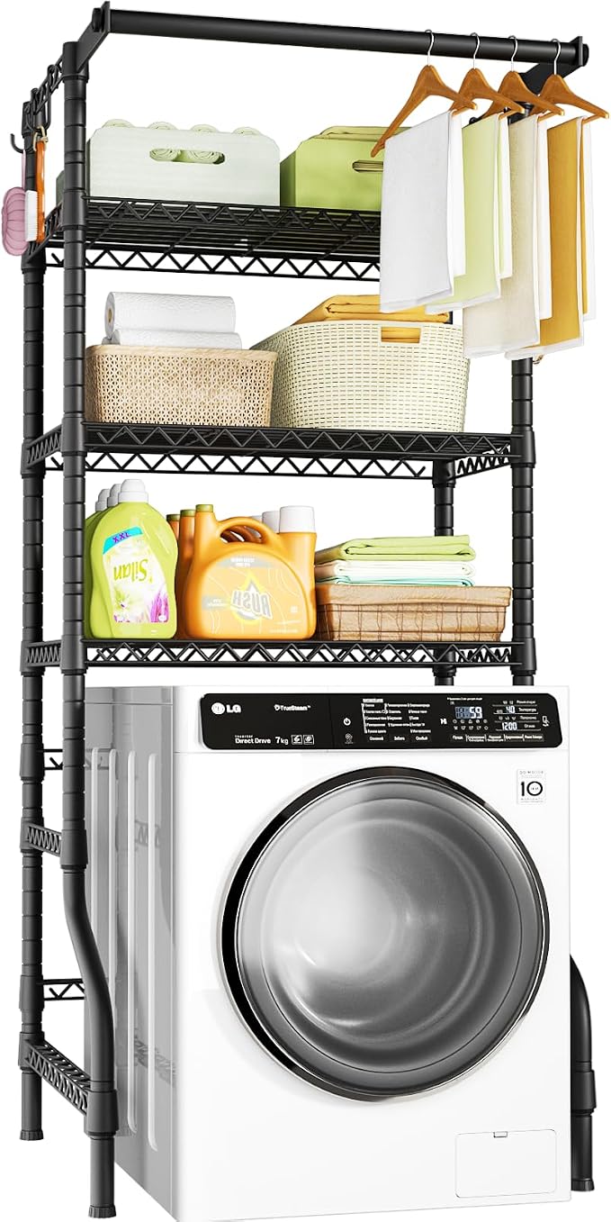 U11 Medium Over Washer and Dryer Shelves, 3 Tiers Laundry Room Storage and Organizer Standing Shelf, Metal Freestanding Clothes Drying Rack, 31.1”W x 19.7”D x 77.6”H, Black