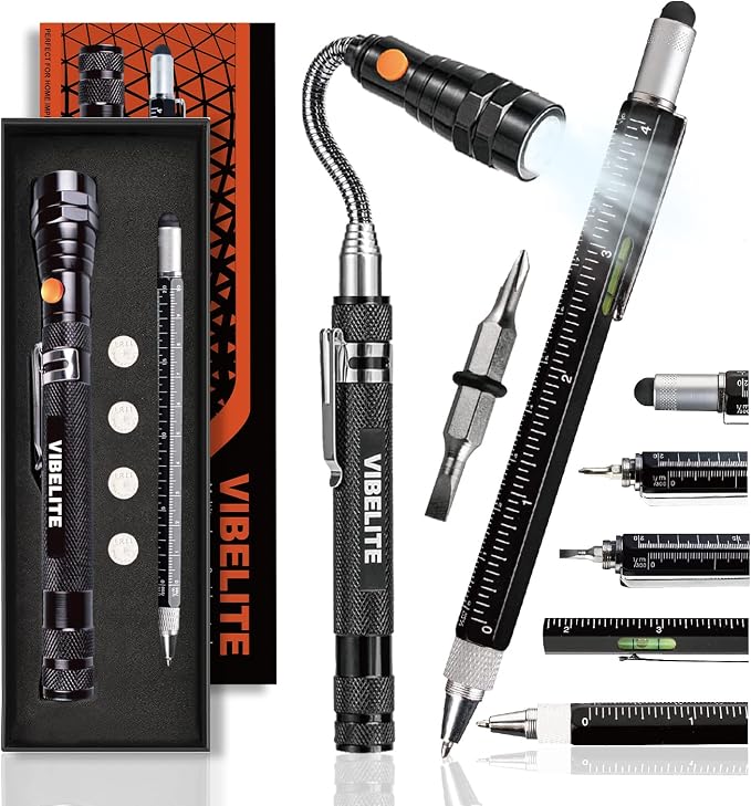 VIBELITE Magnetic Pickup Tool & 6 in 1 Multitool Pen, 2 Pack | Touch Screen Stylus, Rulers, Bubble Level, Flathead & Phillips Screwdriver, Ballpoint Pen
