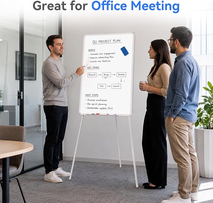 Maxtek Easel Whiteboard 36 x 24 in, Stand Tripod with Height Adjustable | 3' x 2' Magnetic Dry Erase Surface, Flipchart Stand, Portable Tripod Easel for Office, Teaching, Home and Classroom