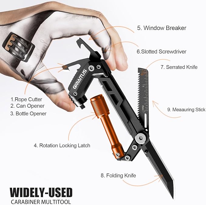 Carabiner Multitool with Pocket Knives, EDC Carabiners, Survival Gear | Serrated Knife, Rope Cutter, Screwdriver, Can Bottle Opener, Ruler, Folding Knife for Camping Hiking, Multitool (Orange)