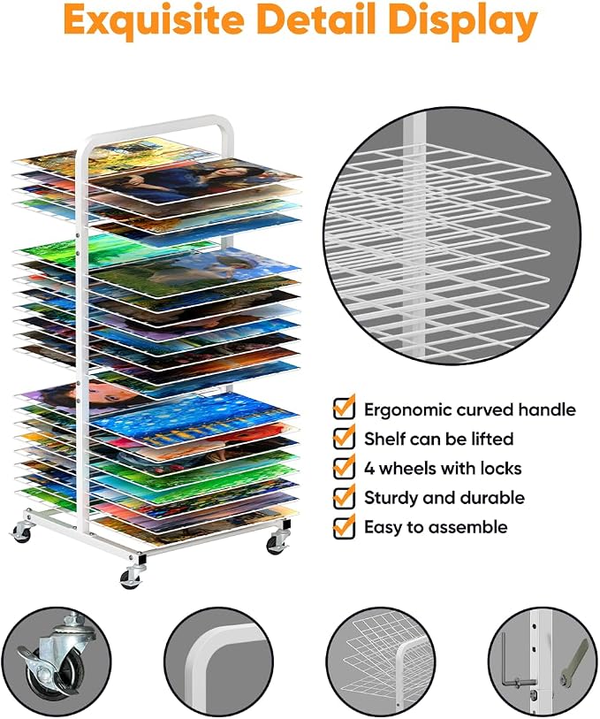 Art Drying Rack with 40 Removable Shelves, Mobile Metal Paint Drying Stand with Lockable Wheels, Functional Canvas Rack Art Storage for Artwork in Classrooms, Art Studios and Schools, White