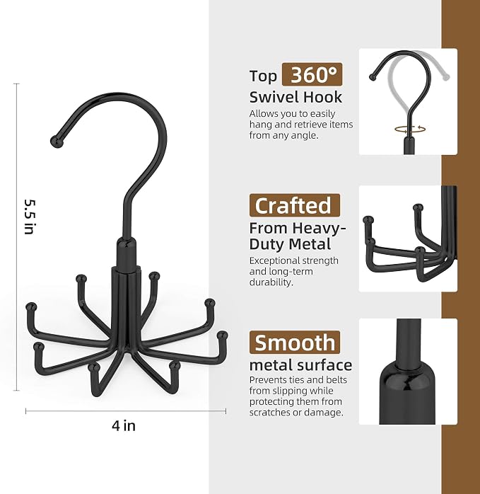 ZEDODIER Belt Organizer for Closet, Heavy-Duty Rotating Belt Hanger Tie Rack Holds up to 24 Belts, Hanging Space Saving Metal Belt Holder for Closet Storage