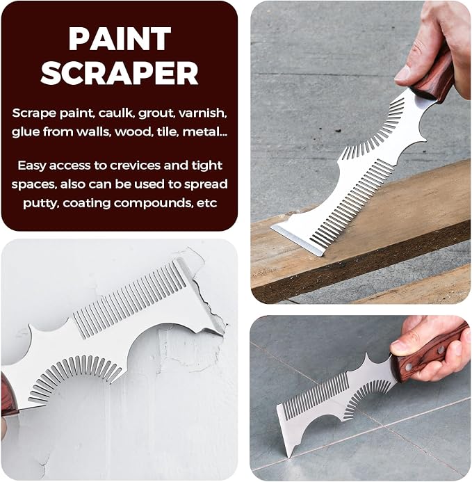 8-in-1 Paint Brush Comb and Paint Roller Cleaner Tool | with Can Opener, Solvent-Resistant Stainless Steel Teeth, Beech Wooden Handle, Putty Scraper,All Paintbrush & Roller Cleaning