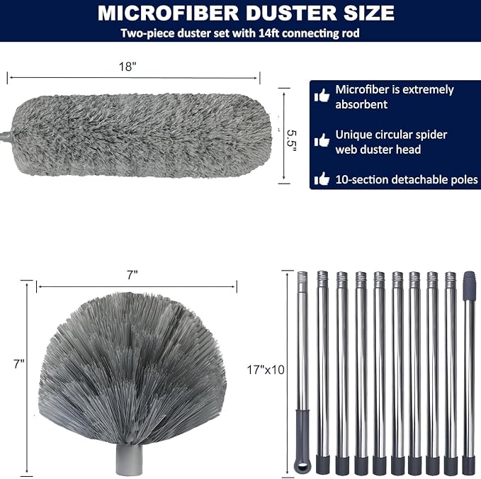 20 Ft+ High Reach Cobweb Dusting Kit with 3-14 Ft Extension Pole/Spider Web Brush & Ceiling Duster Microfiber Feather Duster with Washable Head for Cleaning Ceiling Fan, Furniture, Home
