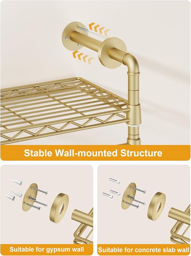 ULIFHOME M6 Clothes Rack for Wall Mounted, Heavy Duty Closet Wardrobe System with 8 Shelves and 4 Hanger Rods, 68.5" W x 11.8" D x 86.6" H Clothing Storage Organizer for Holding 1064lbs, Gold