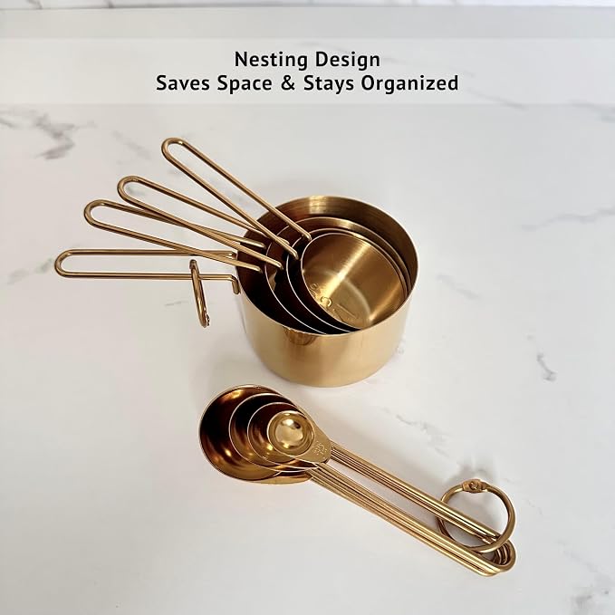 Gold Measuring Cups and Spoons Set, Stainless Steel Measuring Cups, 8 Piece Gold Kitchen Measuring Set, Engraved Measurements, Durable Nesting Design