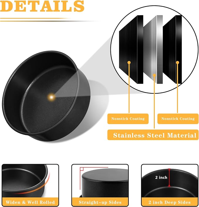 E-far 7 Inch Round Cake Pan Set of 3, Nonstick Stainless Steel Baking Pans Tin, Bakeware for Layer Cakes, Stainless Steel Core & Non-toxic Coating, Straight Side & 2 Inch Deep