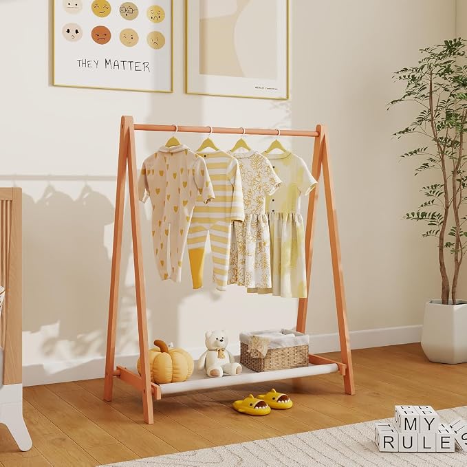 Kids Clothing Rack,Foldable Beechwood Small Baby Clothes Rack with Bottom Storage Shelf,for Laundry Drying,Mini,Floor Standing,Portable(39.4" L)